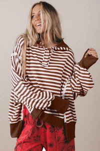 $12.94 Brown Stripe Color Block Trim Raw Seam Split Hem Loose Pullover Sweatshirt Wholesale