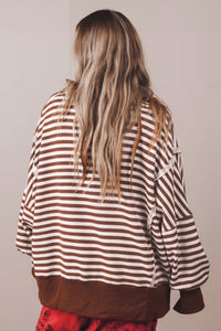 $12.94 Brown Stripe Color Block Trim Raw Seam Split Hem Loose Pullover Sweatshirt Wholesale