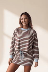 Trendy Women's Brown Striped Cropped Long Sleeve Top with Drawstring Mini Skirt Set - Stylish Patchwork Outfit made for easy styling and wardrobe