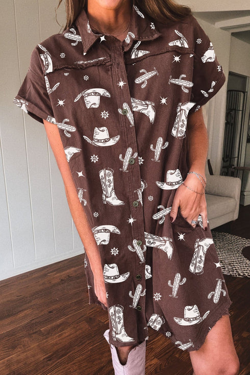 women's trendy women's cactus print denim dress with raw edge and button details, plus brown cowgirl hat - western style outfit with practical styling