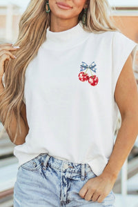 White Mock Neck Short Sleeve Cherry Print America Slogan Casual Top