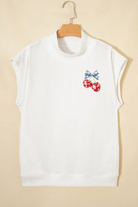 White Mock Neck Short Sleeve Cherry Print America Slogan Casual Top