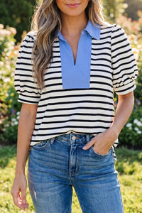 Trendy Women's Chic Black Stripe Color Block Blouse with Short Puff Sleeves and Stylish Polo Collar