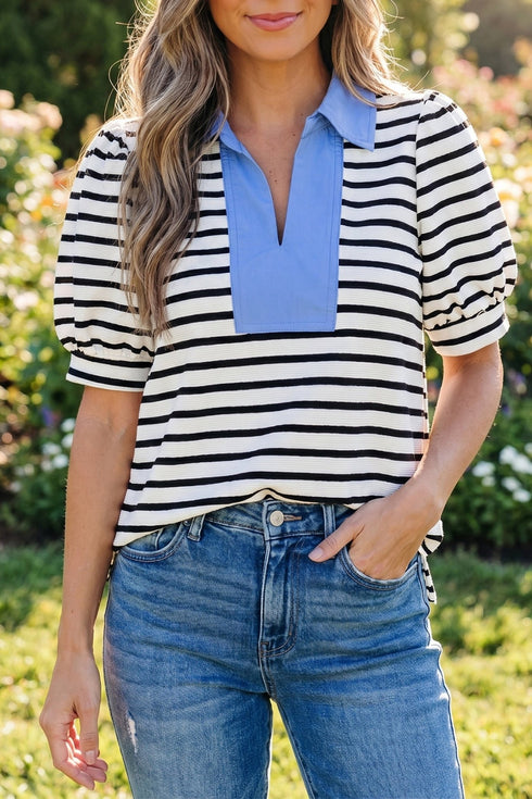 Trendy Women's Chic Black Stripe Color Block Blouse with Short Puff Sleeves and Stylish Polo Collar
