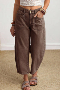 Coffee Solid Color Square Patch Pocket Ankle-length Barrel Jeans