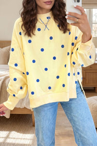 Trendy Women's Cozy Yellow Oversized Polka Dot Sweatshirt - Stylish Round Neck Long Sleeve Tunic Pullover