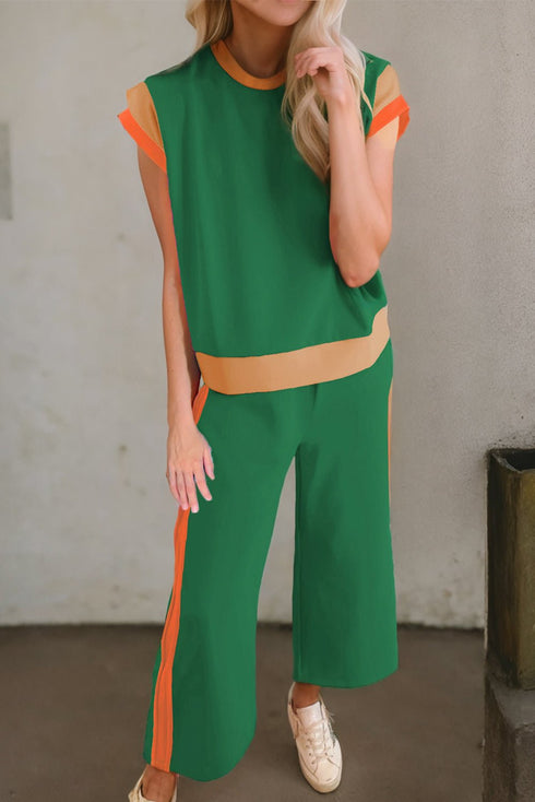 Women's Trendy Women's Dark Green Color Block Casual Two-Piece Set - Comfortable Everyday Wear for Effortless Style