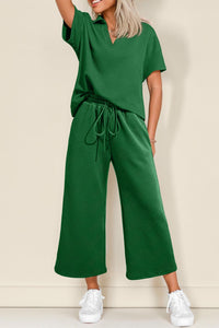 Women's Trendy Women's Dark Green Textured Loose Fit T-Shirt and Drawstring Pants Set - Stylish Casual Ensemble