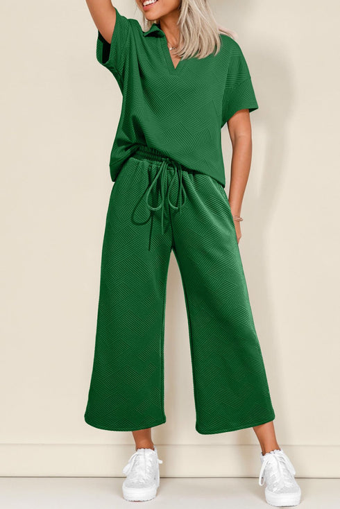 Women's Trendy Women's Dark Green Textured Loose Fit T-Shirt and Drawstring Pants Set - Stylish Casual Ensemble