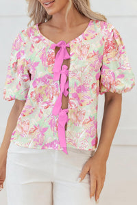 Women's Trendy Women's Floral Pink Knot Front Blouse with Short Puff Sleeves – Stylish Summer Top for Effortless Chic