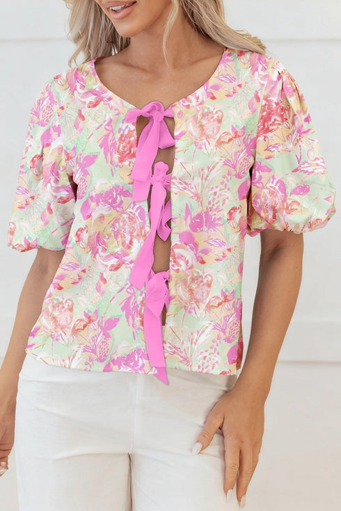 Women's Trendy Women's Floral Pink Knot Front Blouse with Short Puff Sleeves – Stylish Summer Top for Effortless Chic