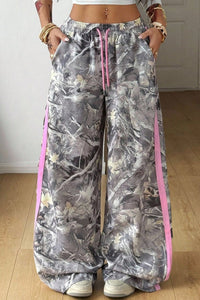 Women's Trendy Women's Gray Camo Color Block Wide Leg Sweatpants with Drawstring for Comfortable Casual Style