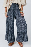 Women's Trendy Women's Gray Leopard Print Wide Leg Pants with Drawstring – Comfortable Frill Design for Effortless Style