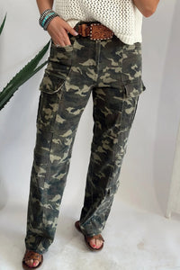 Trendy Women's Green Camouflage Denim Pants with Multi-Pockets
