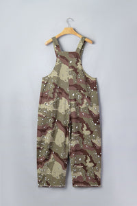 Green Camouflage Print Leopard Detail Loose Denim Overall Cropped Jumpsuit