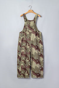 Green Camouflage Print Leopard Detail Loose Denim Overall Cropped Jumpsuit