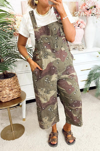Trendy Women's Green Camouflage Jumpsuit with Leopard Details - Relaxed Fit for Effortless Summer Style