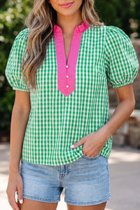 Trendy Women's Green Gingham Plaid Blouse with Bubble Sleeves & Colorblock Trim - Casual V-Neck Top for Effortless Style