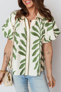 Women's Sage Green Leaf Print Balloon Sleeve Viscose Blouse