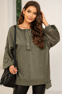 Women's Oversized Olive Henley Sweatshirt with Exposed Seams