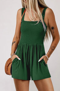 Women's Trendy Women's Green Sleeveless Casual Romper with Pockets - Stylish Smocked Design for Effortless Summer Look