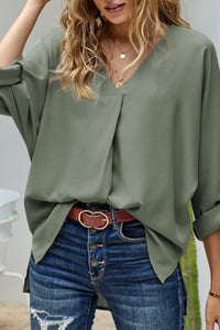 Women's Trendy Women's Green V-Neck High Low Hem Top with 3/4 Sleeves - Casual Chic Shirt for Effortless Everyday Style