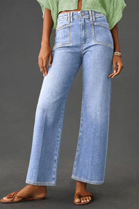 Women's Beau Blue High-Waisted Patch Pocket Cropped Jeans