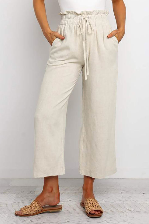 Women's Trendy Women's Khaki Cropped Straight Leg Pants with Paperbag Waist - Comfortable Everyday Casual Style