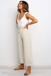 Khaki Paperbag Waist Straight Leg Cropped Pants