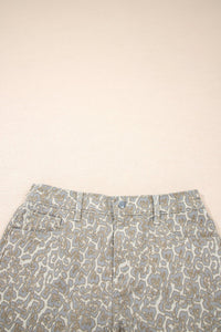 Khaki Raw Edge Leopard Print Denim Shorts