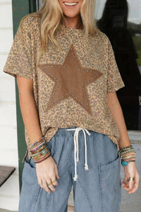 Trendy Women's Khaki Leopard Print Loose Tee with Studded Star Patch - Casual Retro Style for Everyday Fashion