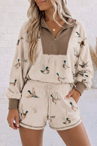 Women's Khaki Mallard Print Color Block Zip Pullover and Shorts Set