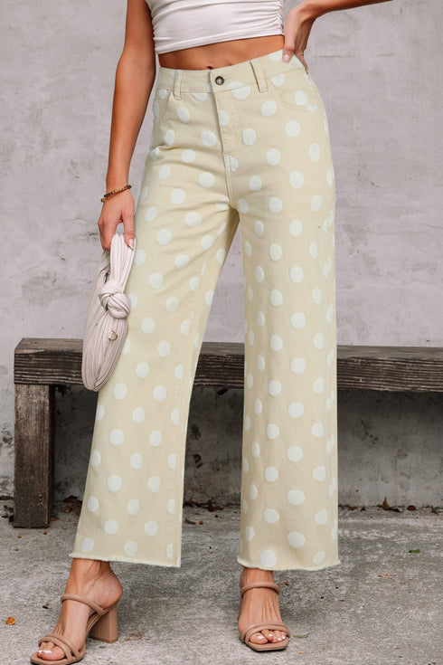 Trendy Women's Khaki Polka Dot Shift Jeans with Raw Hem - Effortless Casual Style for Everyday Fashion