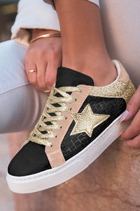 Women's Gold Star Embossed Patchwork Sneakers in PU Leather