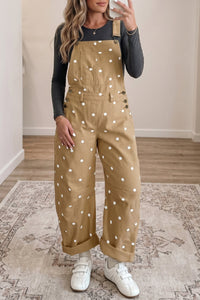 Trendy Women's Light Beige Polka Dot Denim Jumpsuit with Bib Pocket - Stylish Barrel Fit Overalls for Casual Wear