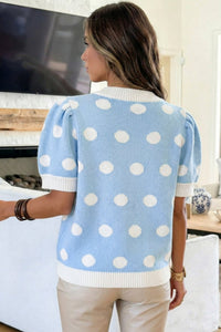 Light Blue Polka Dot Puff Short Sleeve Sweater Top