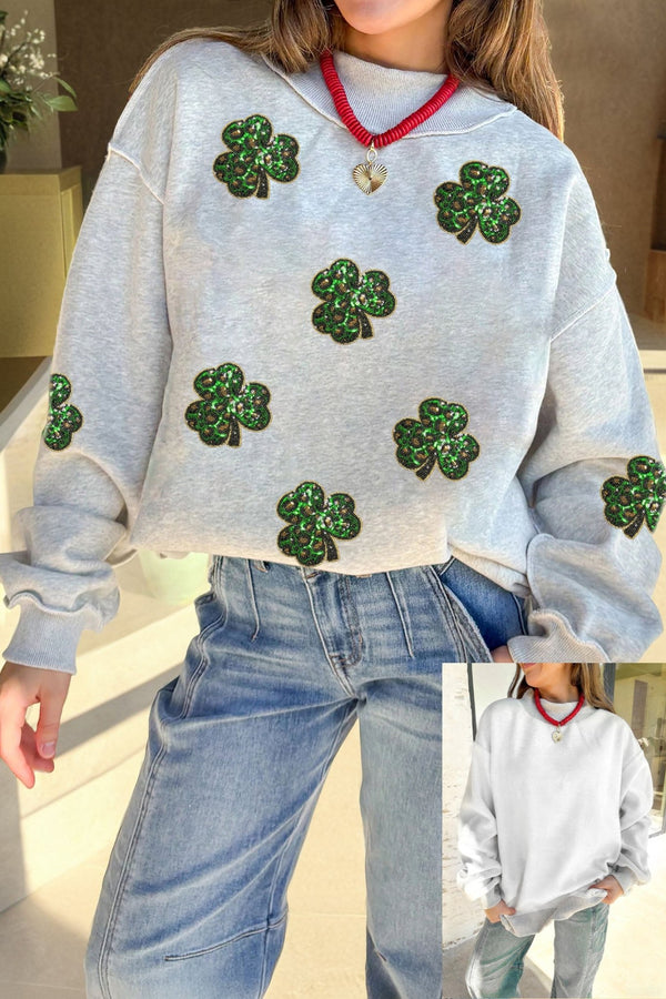 Women's Sequin Shamrock Leopard Mock Neck Sweatshirt in Heather Grey