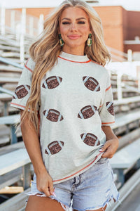 Trendy Women's Light Grey Sequin Rugby T-Shirt with Contrast Stitching - Stylish Fit for Casual Chic Looks