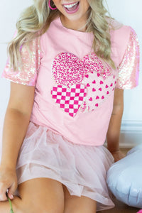 Women's Pink Sequin Sleeve Heart Patchwork Graphic Tee