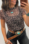 Women's Trendy Women's Lightweight Khaki Leopard Print Sheer Mesh Blouse - Short Sleeve, Stylish Top for Everyday Fashion