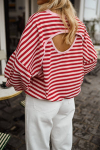 Women's Red Stripe Long Sleeve Loose Top with Cutout Open Back