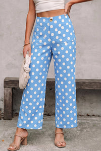 Trendy Women's Mid-Rise Sky Blue Polka Dot Straight Leg Pants with Pockets - Casual Chic Style for Everyday Wear