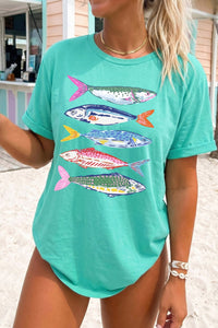 
Trendy Women's Mint Green Casual Short Sleeve T-Shirt with Vibrant Fish Print – Comfortable Summer Essential