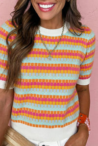Trendy Women's Orange Abstract Striped Short Sleeve Knit Sweater - Stylish Casual Summer Top for Comfort and Versatility
