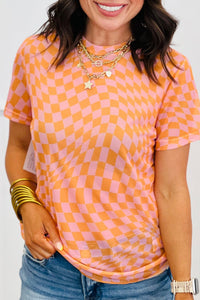 
Women's Orange and Pink Wavy Checkered Mesh Mock Neck Tee with practical styling and dependable silhouette control.