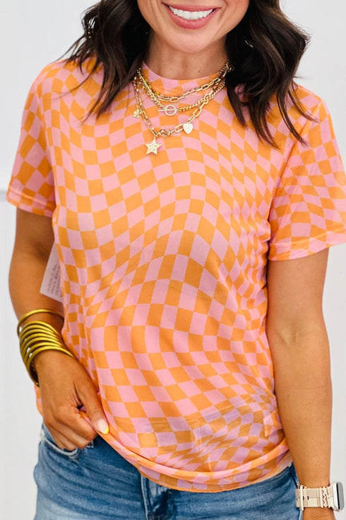 Women's Orange and Pink Wavy Checkered Mesh Mock Neck Tee with practical styling and dependable silhouette control.