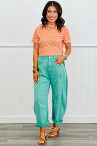 Orange Checkered Print Mock Neck Mesh T Shirt