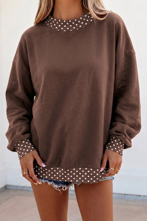 Trendy Women's Oversized Brown Colorblock Polka Dot Sweatshirt with Contrast Trim – Stylish & Comfy Casual Top