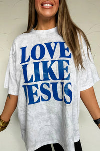 Trendy Women's Oversized Gray Camouflage T-Shirt with "Love Like Jesus" Print - Perfect for Casual Everyday Style