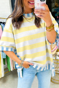 Trendy Women's Oversized Yellow Striped Top with Exposed Seams & Contrast Patchwork - Casual Chic Fashion